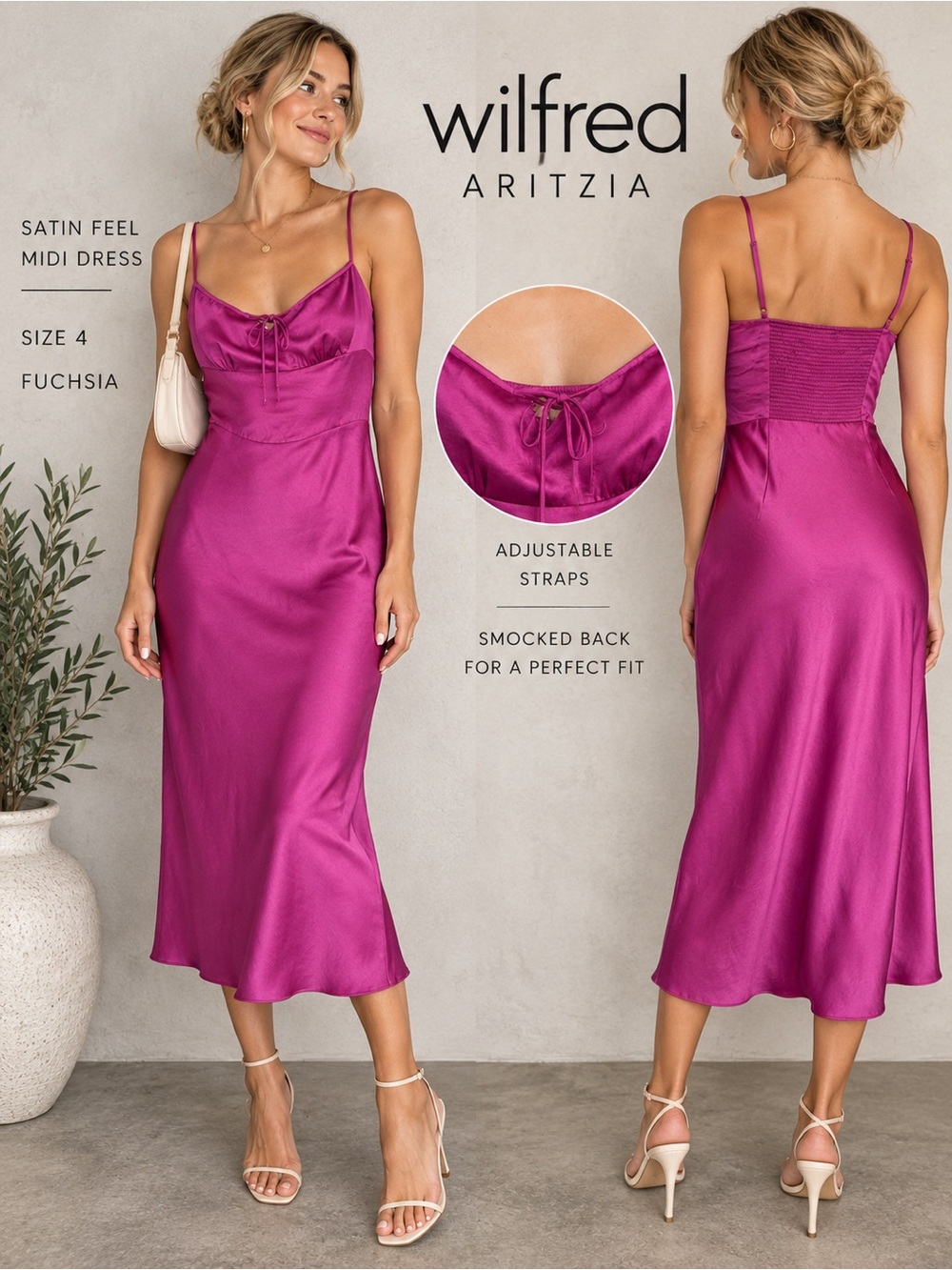 Wilfred Aritzia Fuchsia Satin Midi Dress Size 4 Bustier Y2K